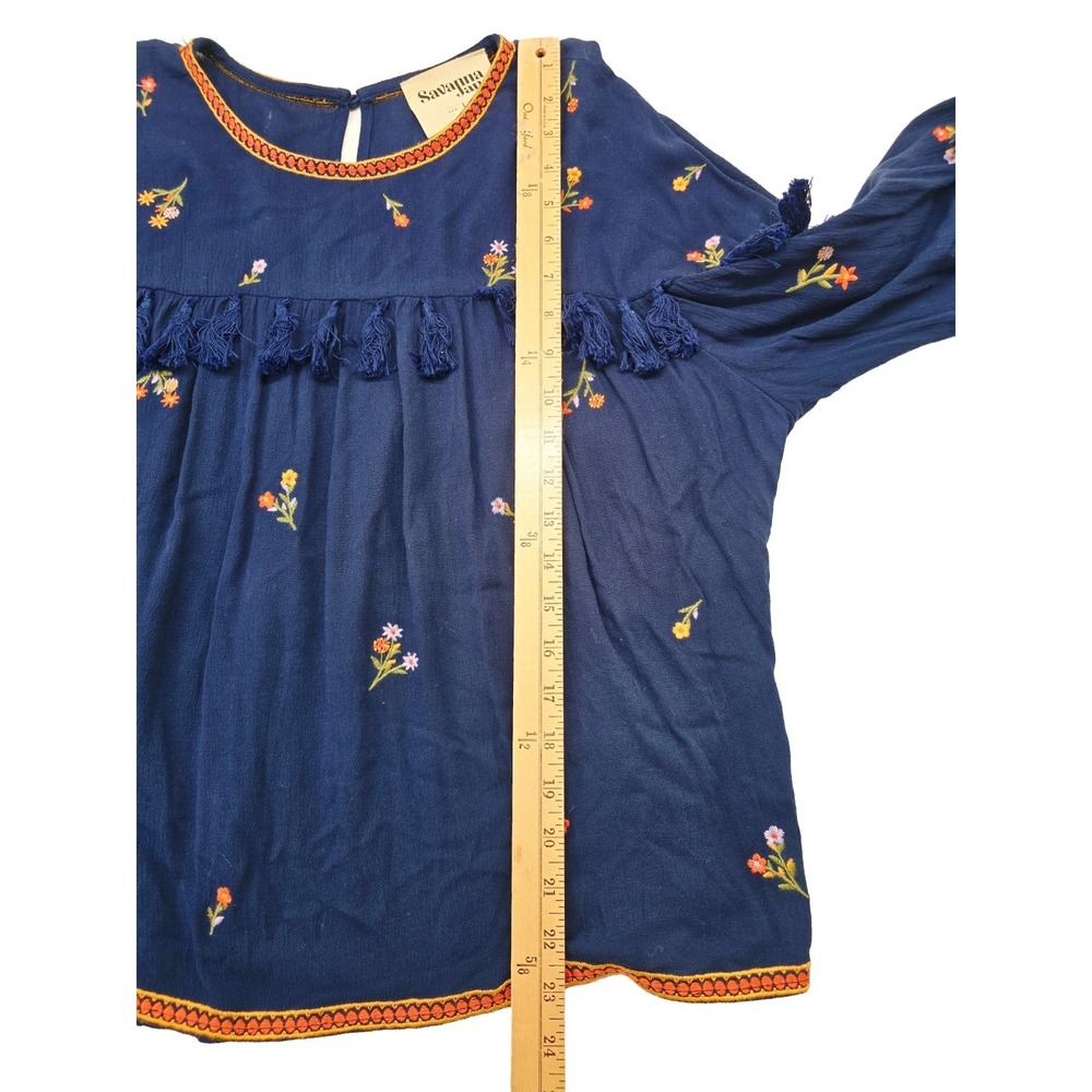 Savanna Jane Peasant Top Women L Navy Floral Embroidery Fringed Boho Blouse - Picture 8 of 8